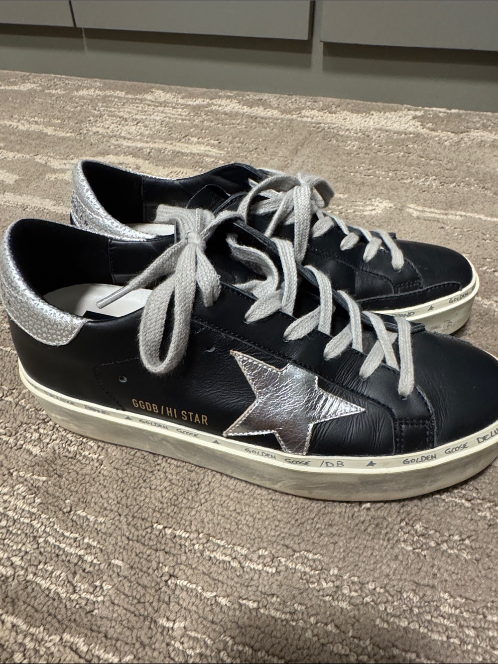 Golden Goose Black Leather Sneakers with Silver Star and Heel